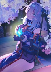 Rule 34 | 1girl, blue dress, blue fire, blue pupils, blush, chain, chinese clothes, cowboy shot, detached sleeves, dress, fire, flower, gloves, glowing pupils, grey eyes, grey gloves, grey hair, hand up, hanya (honkai: star rail), hashtag-only commentary, highres, honkai: star rail, honkai (series), jewelry, long hair, looking at viewer, multiple rings, parted lips, pelvic curtain, ring, sitting, sleeveless, sleeveless dress, solo, teoskyrios, thumb ring, yin yang