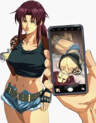 Rule 34 | 1boy, 1girl, argent moon, arm tattoo, bare shoulders, black lagoon, bound, breasts, cellphone photo, cleave gag, cloth gag, cowboy shot, fingerless gloves, fur-trimmed shorts, fur trim, gag, gagged, glaring, gloves, gun, highres, holding, holding phone, improvised gag, looking at viewer, low ponytail, lying, midriff, navel, phone, purple hair, revy (black lagoon), short shorts, shorts, sidelocks, simple background, smoke, smoking, tape, tattoo, weapon, white background, yellow eyes