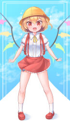 Rule 34 | 1girl, absurdres, adapted costume, backpack, bag, collared shirt, crystal, fangs, flandre scarlet, frilled shirt, frills, harunoha, hat, highres, loafers, miniskirt, one side up, open mouth, puffy short sleeves, puffy sleeves, red eyes, red footwear, shirt, shoes, short hair, short sleeves, skirt, smile, socks, suspender skirt, suspenders, touhou, white shirt, wings, yellow hat