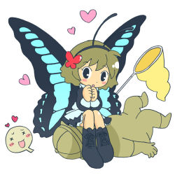 Rule 34 | 1boy, 1girl, antennae, blush stickers, butterfly net, butterfly wings, giving up the ghost, hand net, heart, insect wings, kabiinyo (kab), simple background, sitting, sitting on face, sitting on person, wings, x x