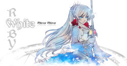 Rule 34 | 1girl, blue eyes, copyright name, dress, earrings, english text, holding, holding sword, holding weapon, jewelry, long hair, long sleeves, magic circle, necklace, ponytail, rapier, rwby, silver hair, simple background, solo, steelgarden, sword, upper body, weapon, weiss schnee, white background, white dress