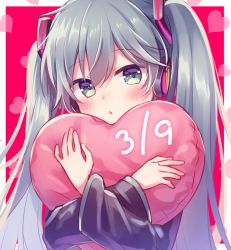 Rule 34 | 1girl, 39, amane kurumi, aqua eyes, aqua hair, black sleeves, blush, commentary, crossed arms, cushion, detached sleeves, hair ornament, hatsune miku, headphones, heart, heart background, holding, holding heart, long hair, looking at viewer, parted lips, red background, twintails, upper body, very long hair, vocaloid