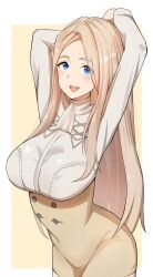 Rule 34 | 1girl, :d, absurdres, arms behind head, ascot, blonde hair, blue eyes, border, breasts, buttons, commentary request, commission, fire emblem, fire emblem: three houses, highres, large breasts, long hair, mercedes von martritz, nintendo, open mouth, oruru63100814, outside border, simple background, skeb commission, smile, solo, standing, teeth, upper teeth only, white ascot, white border, yellow background