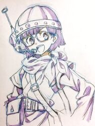 Rule 34 | 1girl, bag, belt, chrono trigger, douga (cel), glasses, greyscale, helmet, looking at viewer, lucca ashtear, monochrome, motoko (taom), open mouth, satchel, scarf, short hair, simple background, sketch, smile, solo, traditional media, white background
