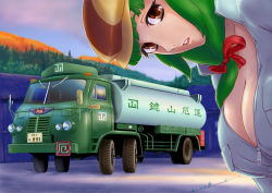 Rule 34 | 1girl, alternate costume, alternate headwear, bad id, bad pixiv id, brand name imitation, breasts, brown eyes, cleavage, front ponytail, green hair, hair ornament, hair ribbon, hat, hayachine, hino, kagiyama hina, large breasts, leaning forward, long hair, looking at viewer, motor vehicle, name connection, number pun, open mouth, ribbon, solo, tank truck, touhou, truck, vehicle, zipper