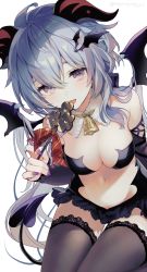 Rule 34 | 1girl, bad id, bad pixiv id, bat hair ornament, bat wings, bell, black thighhighs, blue hair, breasts, candy, cowbell, demon tail, fingernails, food, ganyu (genshin impact), genshin impact, goat horns, hair between eyes, hair ornament, halloween, highres, holding, holding candy, holding food, horns, licking, long hair, looking at viewer, memeno, nail polish, navel, purple eyes, purple nails, simple background, solo, stomach, tail, thighhighs, tongue, tongue out, white background, wings
