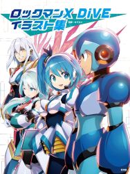 Rule 34 | 2boys, 2girls, android, armor, armored boots, blue eyes, bodysuit, boots, breasts, commentary, copyright name, cover, from side, green eyes, hairband, headset, helmet, highres, ico (megaman x dive), joints, logo, long hair, looking at viewer, medium breasts, mega man (series), mega man x (series), mega man x dive, mizuno keisuke, multiple boys, multiple girls, necktie, official art, one eye closed, open mouth, parted lips, rico (mega man), robot joints, shoulder armor, side ponytail, simple background, sleeveless, smile, teeth, thighhighs, third-party source, via (mega man), white background, x (mega man), yellow eyes
