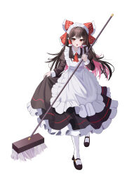 Rule 34 | 1girl, absurdres, alternate costume, apron, ascot, black footwear, bow, brown hair, enmaided, frilled bow, frilled hair tubes, frills, full body, hair bow, hair tubes, hakurei reimu, highres, holding, holding mop, long hair, long sleeves, looking at viewer, maid, maid apron, maid headdress, mop, open mouth, red ascot, red bow, red eyes, skirt hold, solo, touho 0505, touhou, very long hair, white apron