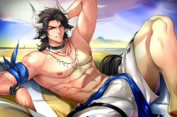 Rule 34 | 1boy, abs, animal ears, arknights, arm behind head, armpit peek, bare pectorals, beach, brown eyes, brown hair, bulge, cow boy, cow ears, cow horns, day, earrings, highres, horns, jewelry, male focus, male swimwear, matterhorn (arknights), matterhorn (beach guard) (arknights), medium hair, muscular, muscular male, navel, necklace, nipples, official alternate costume, outdoors, pectorals, pmoazi, seductive smile, smile, solo, spread legs, stomach, swim trunks, swimsuit, thighs, tooth necklace, white male swimwear, white swim trunks