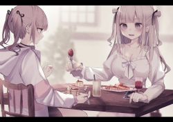 Rule 34 | 2girls, bad id, bad twitter id, black ribbon, black shorts, blurry, blurry background, blush, bow, breasts, brown eyes, brown hair, chair, closed mouth, commentary request, cup, depth of field, dress, drinking glass, drinking straw, eating, food, fork, fruit, hair ribbon, highres, holding, holding fork, hood, hooded jacket, jacket, juliet sleeves, letterboxed, long hair, long sleeves, medium breasts, multicolored hair, multiple girls, nail polish, on chair, open clothes, open jacket, open mouth, original, pancake, pancake stack, plate, profile, puffy sleeves, purple nails, red hair, red nails, ribbon, short shorts, shorts, sitting, strawberry, streaked hair, sweat, table, tsuruse, twintails, two side up, white bow, white dress, white jacket