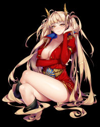 Rule 34 | 1girl, ahoge, belt, black background, black footwear, blade &amp; soul, blonde hair, blush, boots, breasts, brown eyes, closed mouth, collarbone, collared dress, collared jacket, commentary, cropped legs, crossed legs, deathalice, dress, highres, index finger raised, jacket, large breasts, long hair, long sleeves, mole, mole under eye, original, puffy long sleeves, puffy sleeves, red dress, simple background, sitting, sleeves past wrists, smile, solo, sparkle, two side up, very long hair