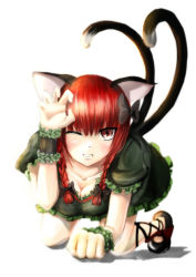 Rule 34 | 1girl, all fours, animal ears, blurry, bow, braid, breasts, cat ears, cat tail, cleavage, collarbone, depth of field, downblouse, dress, dusk (artist), green dress, grin, hair bow, kaenbyou rin, leg ribbon, long hair, looking at viewer, multiple girls, one eye closed, paw pose, puffy sleeves, red eyes, red hair, ribbon, short sleeves, simple background, smile, solo, tail, touhou, twin braids, white background, wink, wrist cuffs
