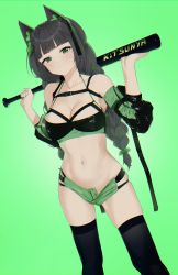 Rule 34 | 1girl, absurdres, animal ears, armpits, bare shoulders, baseball bat, black hair, black thighhighs, blunt bangs, braid, breasts, cat ears, chest harness, cleavage, closed mouth, detached sleeves, frown, green eyes, green shorts, groin, halterneck, hands up, harness, highres, holding, long hair, long sleeves, looking at viewer, medium breasts, micro shorts, midriff, navel, open fly, original, revealing clothes, shorts, skindentation, solo, spaghetti strap, steeb, stomach, thighhighs, thighs, twin braids, v-shaped eyebrows