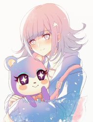Rule 34 | 2girls, :&gt;, animal crossing, backpack, bag, bear, blunt bangs, blush, blush stickers, brown hair, closed mouth, collared shirt, commentary, criis-chan, crossover, danganronpa (series), danganronpa 2: goodbye despair, dress shirt, flipped hair, hair ornament, hairclip, holding, hood, hooded jacket, jacket, judy (animal crossing), long sleeves, looking at viewer, medium hair, multiple girls, nanami chiaki, nintendo, open clothes, open jacket, pink eyes, pink neckwear, pink ribbon, ribbon, shirt, simple background, smile, symbol-only commentary, twitter username, upper body, white background, white shirt