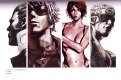 Rule 34 | 1girl, 3boys, artbook, eyepatch, highres, k&#039; (kof), maxima, monochrome, multiple boys, muscular, naked suspenders, nude, official art, ramon (kof), scan, snk, sunglasses, suspenders, the king of fighters, the king of fighters 2000, topless, vanessa (kof)