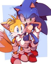 Rule 34 | 2boys, animal nose, blue eyes, cellphone, fox boy, furry, furry male, gloves, green eyes, half-closed eye, holding, holding phone, male focus, misuta710, multiple boys, multiple tails, open mouth, phone, shoes, smartphone, sneakers, sonic (series), sonic the hedgehog, sweatdrop, tail, tails (sonic), two tails, white gloves
