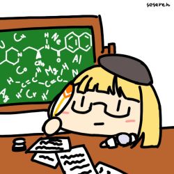 Rule 34 | 1girl, animated, animated gif, beret, chalkboard, chemical structure, chemistry, glasses, hat, ink, lowres, quill, seseren, short hair, writing