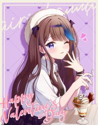Rule 34 | 1girl, absurdres, airi kanna, beret, black necktie, black skirt, black wings, brown hair, collared shirt, commentary request, earrings, english text, facial mark, food, food on hand, gyeou lee, happy valentine, hat, head wings, heart, highres, holding, holding spoon, ice cream, jewelry, long hair, looking at viewer, multicolored hair, necktie, plaid, plaid skirt, pleated skirt, purple background, purple eyes, shirt, shirt tucked in, short sleeves, sitting, skirt, solo, spoon, stellive, streaked hair, very long hair, white hat, white shirt, wings