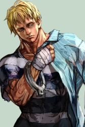 Rule 34 | 1boy, bandaged hand, bandages, blonde hair, blue background, blue eyes, capcom, closed mouth, cody travers, dressing, final fight, hungry clicker, jacket, leaning to the side, male focus, shirt, simple background, solo, street fighter, street fighter v, striped clothes, striped shirt, upper body
