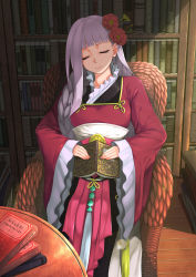 Rule 34 | 1girl, absurdres, bad id, bad pixiv id, book, chair, collarbone, flower, hair flower, hair ornament, highres, library, light purple hair, long hair, oxxo (dlengur), qurare magic library, shadow, sleeping, solo, table, traditional clothes, wide sleeves, zhuangzi