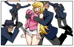 Rule 34 | 1girl, 4boys, arms at sides, black border, blonde hair, blouse, blue eyes, blush, border, breasts, clenched hands, clothes lift, commentary, cropped, crotch seam, cutie honey, fang, frown, grabbing, grabbing another&#039;s breast, hairband, highres, itachou, kisaragi honey, lace, lace panties, large breasts, lifting another&#039;s clothes, long hair, looking at another, miniskirt, multiple boys, open mouth, panties, pervert, pink hairband, pink shirt, shirt, skirt, skirt lift, sleeveless, sleeveless shirt, standing, sweatdrop, swept bangs, thigh gap, underwear, white background, white panties, white skirt