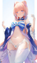 Rule 34 | 1girl, absurdres, bare shoulders, berserker r, blue bow, blue eyes, blunt bangs, blush, bow, bra, breasts, brooch, cameltoe, cleavage, closed mouth, commentary request, cowboy shot, detached collar, detached sleeves, frilled sleeves, frills, from below, genshin impact, gloves, hair ornament, hands up, highres, jewelry, large bow, long hair, looking down, navel, off shoulder, panties, pink hair, pubic tattoo, pulling own clothes, sangonomiya kokomi, short sleeves, simple background, small breasts, solo, standing, tattoo, thighhighs, underwear, underwear only, undressing, white background, white bra, white gloves, white panties, white thighhighs, wide sleeves