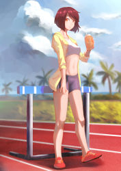 Rule 34 | 1girl, bad id, bad pixiv id, bike shorts, black shorts, bob cut, bottle, cloud, cloudy sky, day, drink, full body, highres, holding, holding bottle, holding drink, hurdle, jhc kai, light smile, looking at viewer, looking to the side, midriff, navel, open clothes, open shirt, orange eyes, original, palm tree, parted bangs, red footwear, red hair, running track, shirt, shoes, short hair, shorts, sky, solo, sports bra, standing, track and field, tree, water bottle, white sports bra, yellow shirt