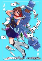 Rule 34 | 1girl, 1other, ace attorney, blue dress, blue eyes, blue hat, boots, brown hair, cape, card, collarbone, dress, hat, low twintails, playing card, ragi (od6fine), smile, solo, thigh boots, top hat, trucy wright, twintails, white footwear