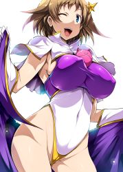 Rule 34 | 10s, 1girl, blue eyes, blush, breasts, brown hair, cameltoe, capelet, commentary request, cosplay, covered erect nipples, covered navel, earrings, gloves, gundam, gundam build divers, gundam seed, gundam seed destiny, hair ornament, haro, highleg, highleg leotard, highres, huge breasts, jewelry, leotard, looking at viewer, meer campbell, meer campbell (cosplay), multicolored leotard, nanase nanami (gundam build divers), one eye closed, purple leotard, shiny skin, short hair, simple background, skin tight, smile, solo, standing, star (symbol), star hair ornament, tawawa challenge, teeth, tongue, tsukasawa takamatsu, white background, white leotard