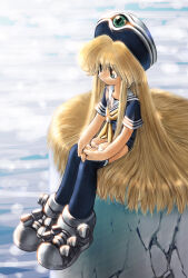 Rule 34 | 1boy, armored boots, black shirt, black thighhighs, blonde hair, boots, closed mouth, column, expressionless, from side, green eyes, hair spread out, hat, interlocked fingers, long hair, looking ahead, male focus, neckerchief, oono yasuyuki, original, own hands together, pillar, sailor collar, sailor shirt, shirt, short sleeves, sidelocks, sitting, solo, thighhighs, thighs, trap, very long hair, white sailor collar, yellow neckerchief