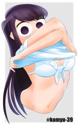 Rule 34 | 1girl, absurdres, arched back, arms up, bikini, bikini under clothes, breasts, cleavage, commentary request, covered mouth, cropped torso, front-tie bikini top, front-tie top, grey background, highres, hip focus, komi-san wa komyushou desu, komi shouko, lecca aisu, long hair, looking at viewer, navel, outside border, purple background, purple eyes, purple hair, ribs, simple background, solo, swimsuit, undressing, wide-eyed