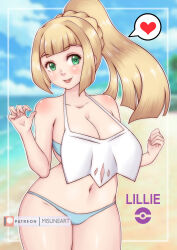 Rule 34 | 1girl, absurdres, alternate breast size, bikini, blonde hair, blunt bangs, blush, breasts, cloud, cloudy sky, creatures (company), game freak, heart, highres, large breasts, lillie (pokemon), long hair, looking at viewer, misune art, navel, nintendo, outside border, poke ball, pokemon, pokemon (anime), pokemon sm (anime), ponytail, sky, smile, swimsuit, white bikini