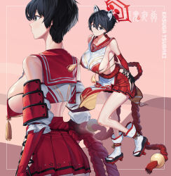 Rule 34 | 1girl, absurdres, animal ears, arms behind back, back, bare shoulders, black eyes, black hair, blue archive, breast curtain, breasts, character name, closed mouth, commentary, elbow gloves, extra ears, from behind, full body, geta, gloves, hair between eyes, halo, highres, hip vent, huge breasts, jerry63, large breasts, looking at viewer, miniskirt, multiple views, pelvic curtain, pleated skirt, raccoon ears, red gloves, red sailor collar, red skirt, revealing clothes, rope, rope belt, sailor collar, shimenawa, short hair, sideboob, sideless outfit, sidelocks, skirt, socks, standing, standing on one leg, symbol-only commentary, tassel, tsubaki (blue archive), two-tone shirt, white socks