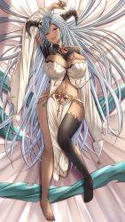 Rule 34 | 1girl, absurdres, arm up, barefoot, black nails, black shirt, blush, breasts, cleavage, cropped shirt, dark-skinned female, dark skin, detached sleeves, dragon horns, fediel (granblue fantasy), feet, full body, gem, granblue fantasy, grey hair, hair between eyes, hair ornament, hand on own chest, highres, horn ornament, horn ribbon, horns, jewelry, kanpyou (hghgkenfany), large breasts, long hair, looking at viewer, lying, nail polish, navel, on back, pelvic curtain, purple eyes, purple gemstone, ribbon, shirt, single thighhigh, skull hair ornament, smile, solo, teeth, thighhighs, thighs, toenail polish, toenails, toes, tongue, tongue out, upper teeth only, very long hair