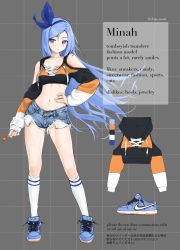 Rule 34 | 1girl, absurdres, bare shoulders, black shirt, blue eyes, blue footwear, blue hair, blue shorts, breasts, candy, chaesu, closed mouth, clothing cutout, color guide, contrapposto, crop top, cutoffs, denim, denim shorts, drawstring, exposed pocket, floating hair, food, full body, hair ribbon, hand on own hip, highres, holding, kneehighs, lollipop, long hair, long sleeves, looking at viewer, medium breasts, midriff, bae minah (chaesu), navel, nike (company), original, revealing clothes, ribbon, shirt, shoes, short shorts, shorts, shoulder cutout, sneakers, socks, solo, standing, stomach, thighs, very long hair, white socks