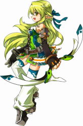 Rule 34 | 1girl, :d, bare shoulders, black gloves, blue bow, boots, bow, bow (weapon), breasts, elbow gloves, elsword, fingerless gloves, full body, gloves, green eyes, green hair, hair bow, half updo, long hair, matching hair/eyes, official art, open mouth, pointy ears, profile, rena erindel, ress, skirt, smile, sniping ranger (elsword), solo, thigh boots, thighhighs, weapon, white background, white footwear