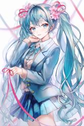 Rule 34 | 1girl, absurdres, blue bow, blue bowtie, blue eyes, blue skirt, bow, bowtie, flower, formal, hair flower, hair ornament, hair ribbon, hatsune miku, highres, long hair, long sleeves, looking at viewer, parted bangs, parted lips, pink flower, pink ribbon, pipi, plaid, plaid skirt, pleated skirt, ribbon, skirt, solo, suit, sweater, twintails, very long hair, vocaloid