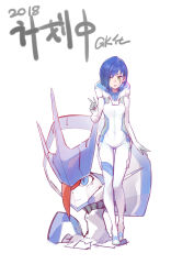 Rule 34 | 10s, 1girl, :d, absurdres, blue eyes, blue hair, bodysuit, breasts, closed mouth, darling in the franxx, dated, delphinium (darling in the franxx), gorgeous mushroom, green eyes, hand up, highres, ichigo (darling in the franxx), looking at viewer, mecha, open mouth, robot, short hair, simple background, small breasts, smile, solo, standing, v, white background