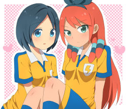 2girls bad_id bad_pixiv_id blue_eyes blue_hair green_eyes hair_ribbon inazuma_eleven inazuma_eleven_(series) inazuma_eleven_go jenny_(je2live) long_hair multiple_girls ribbon seto_midori short_hair soccer_uniform sorano_aoi sportswear