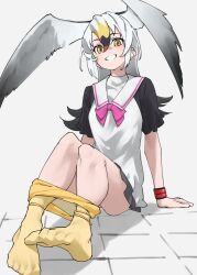 1girl black-tailed_gull_(kemono_friends) black_skirt clothes_pull commentary full_body grey_background grin hair_between_eyes head_wings highres kemono_friends long_hair looking_at_viewer miniskirt multicolored_hair no_shoes pantyhose pantyhose_pull puffy_short_sleeves puffy_sleeves short_sleeves simple_background sitting skirt smile solo tanabe_(fueisei) white_hair wings wristband yellow_eyes yellow_pantyhose