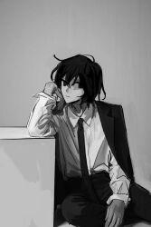 Rule 34 | 1other, alternate costume, androgynous, arm on table, black eyes, black hair, black jacket, black necktie, black pants, chinese commentary, closed mouth, coattails, collared shirt, commentary request, crossed legs, feet out of frame, fuluola xiaoyao, grey background, greyscale, hand on own cheek, hand on own face, hand on own leg, highres, jacket, jacket on shoulders, len&#039;en, long sleeves, looking at viewer, monochrome, necktie, other focus, pants, senri tsurubami, shirt, short hair, sitting, smile, solo, white shirt, white sleeves