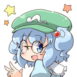Rule 34 | 1girl, :d, bespectacled, blue eyes, blue hair, blush, dress, glasses, hair bobbles, hair ornament, hat, jinnouchi akira, kawashiro nitori, looking at viewer, looking back, matching hair/eyes, one eye closed, open mouth, shirt, short hair, simple background, smile, solo, star (symbol), touhou, twintails, two side up, upper body, v, white background, wink