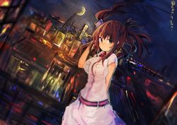 Rule 34 | 1girl, absurdres, brown hair, building, cityscape, crescent moon, female focus, highres, kaamin (mariarose753), kantai collection, looking at viewer, moon, night, saratoga (kancolle), skirt, skyscraper, smile, solo, twitter username, two side up, white skirt