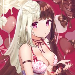 Rule 34 | 1girl, arm strap, bare shoulders, bra, breasts, brown hair, chocolate, choker, cleavage, cream, cupping hands, haruyuki 14, highres, holding, looking at viewer, medium breasts, multicolored hair, nail polish, original, own hands together, parted lips, pink eyes, red nails, sidelocks, solo, split-color hair, two-tone hair, underwear, underwear only, upper body, valentine, white bra, white hair