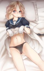 Rule 34 | 1girl, absurdres, black neckerchief, black panties, blonde hair, blue eyes, blue sailor collar, blush, cameltoe, clothes lift, commentary request, dress, dress lift, gloves, gluteal fold, hat, highres, janus (kancolle), kantai collection, lifting own clothes, looking at viewer, lying, neckerchief, nuka (nvkka), on back, on bed, panties, parted bangs, pillow, sailor collar, sailor dress, sailor hat, short hair, smile, solo, underwear, unworn headwear, white dress, white gloves, white hat
