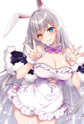 Rule 34 | 1girl, animal ears, artist name, bare shoulders, blue eyes, blush, bow, bowtie, breasts, cleavage, closed mouth, collar, commentary, cowboy shot, curvy, double w, dress, eyelashes, eyes visible through hair, fingernails, frilled collar, frilled dress, frills, grey hair, hair between eyes, hands up, head tilt, heterochromia, highres, large breasts, lips, long hair, looking at viewer, odd-eyed rabbit girl (suzushiro atsushi), original, purple bow, purple bowtie, purple ribbon, rabbit day, rabbit ears, rabbit girl, rabbit tail, ribbon, short dress, simple background, sleeveless, sleeveless dress, smile, solo, sparkle, split mouth, standing, straight hair, suzushiro atsushi, tail, very long hair, w, white background, white collar, white dress, white wrist cuffs, wrist cuffs, yellow eyes