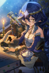Rule 34 | 1girl, absurdres, blue hair, blue headwear, blue sleeves, blush, candlelight, circlet, cup, curly hair, detached sleeves, dress, genshin impact, gold trim, haires, highres, holding, holding quill, indoors, layla (genshin impact), letter, long hair, long sleeves, moonlight, night, on chair, open mouth, pants, quill, sidelocks, sitting, solo, telescope, white dress, white pants, window, writing, yellow eyes