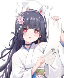 Rule 34 | 1girl, absurdres, alternate costume, animal ear headphones, animal ears, black choker, black hair, blue archive, blunt bangs, blush, choker, chousetsu (chongvon), commentary request, fake animal ears, flower, grey halo, hair flower, hair ornament, halo, hand up, headphones, highres, holding, holding paper, japanese clothes, kimono, long hair, looking at viewer, miyu (blue archive), obi, open mouth, paper, rabbit ear headphones, rabbit hair ornament, red eyes, sash, simple background, solo, variant set, white background, white kimono, yukata