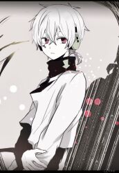 Rule 34 | 1boy, arrow (symbol), black shirt, circle, facial mark, grey background, hair between eyes, hand on own arm, headphones, kagerou project, konoha (kagerou project), layered sleeves, letterboxed, limited palette, long bangs, long sleeves, looking to the side, male focus, mekakucity actors, parted lips, red eyes, shirt, short hair, short ponytail, solo, strawberrya mg, upper body, white hair, white shirt