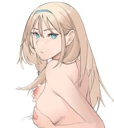 Rule 34 | 1girl, an-94 (girls&#039; frontline), aqua eyes, aqua hairband, back, bare back, bare shoulders, blonde hair, blush, breasts, closed mouth, defy (girls&#039; frontline), from side, girls&#039; frontline, hair ornament, hairband, hairclip, hands on own breasts, highres, kavni, lactation, long hair, looking at viewer, medium breasts, nipples, sideboob, solo, topless, upper body, white background